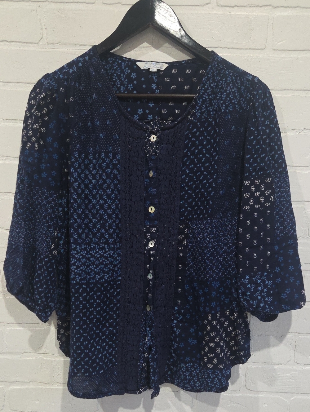 April Cornell Navy Patchwork Floral Button-Down Blouse